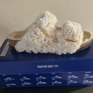 Birkenstock Cream Fuzzy Sandals with Gold Details